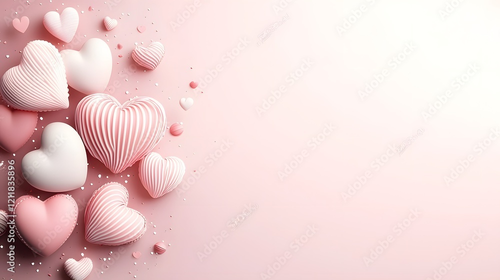 Poster beautiful romantic background with a mix of glowing and soft heart shapes floating on a pastel gradi