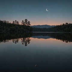 A tranquil scene at dusk, featuring a crescent moon hanging low in the sky above a still lake.