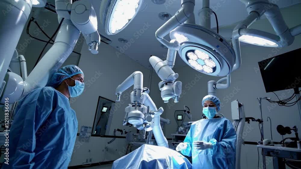 Poster surgeons perform a delicate procedure in a high-tech operating room during evening hours