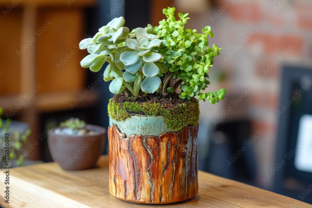 Aufkleber succulent plants in artistic potting display on wooden surface with blurred background