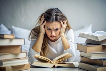 Reads, prepares for exams. use. Admission to the institute. A young girl holds her head among many books, stays at home and studies.