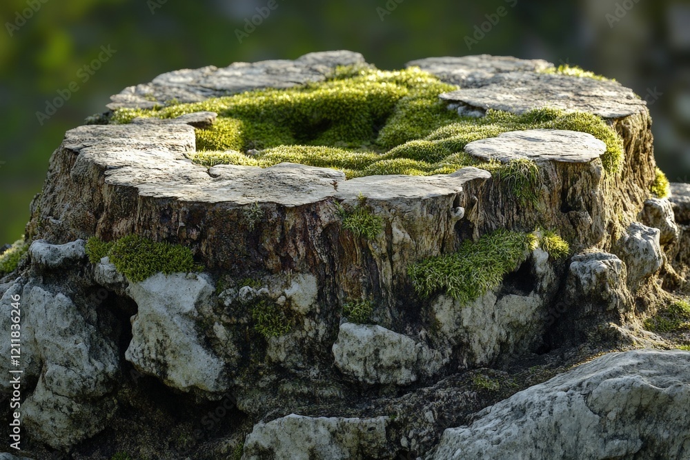 Poster old tree stump covered in green moss surrounded by nature in daylight near a forest path