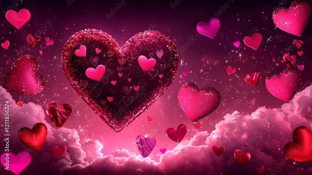 Aufkleber romantic floating heart shape amidst soft fluffy pastel clouds against a dreamy colorful sky backgro