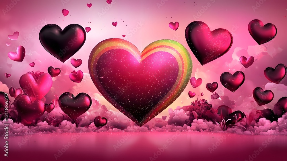 Poster Romantic heart shaped rainbow with a soft glowing gradient surrounded by wispy clouds set against a light and dreamy pastel sky