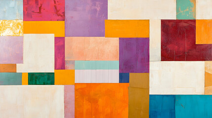 Fototapeta premium Abstract geometric art; multicolored squares and rectangles; textured canvas; interior wall decoration; modern design
