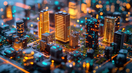 The foreground includes holographic 3D models of buildings and digital code streams, interwoven with glowing geometric shapes. 