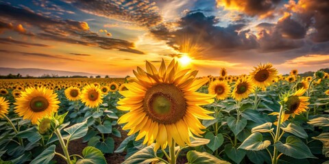 Fototapeta premium Golden hour bathes a sunflower field in long exposure magic.