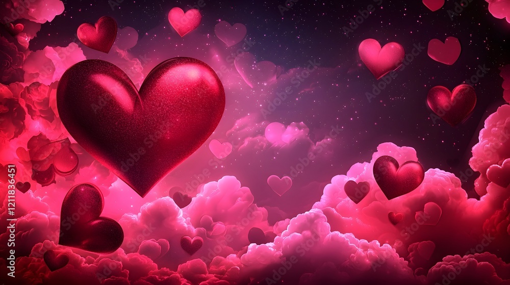 Poster bright and colorful heart shaped symbol floating in a serene ethereal sky filled with soft fluffy cl