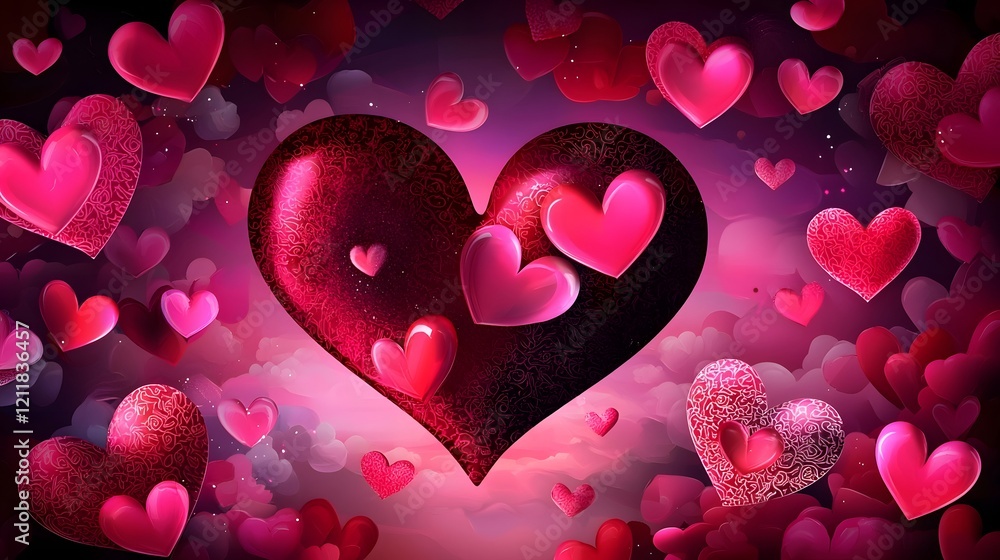 Poster Romantic glowing heart symbol floating in a serene colorful sky surrounded by fluffy wispy clouds in soft shades of pink purple and blue creating a dreamy atmospheric background
