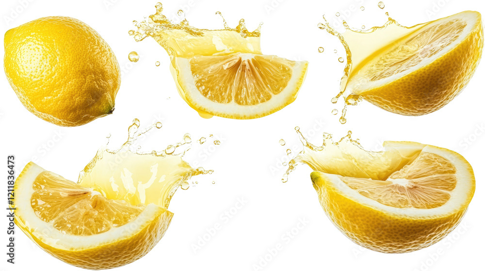 Poster fresh lemon slices and juice splash collection generative ai