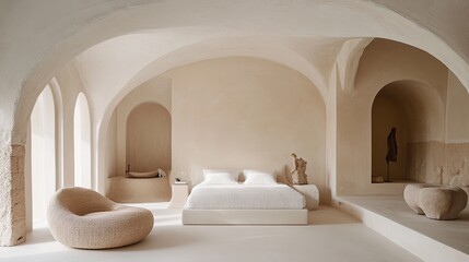 Fototapeta premium Minimalist bedroom with arched ceilings, beige walls, and natural light.