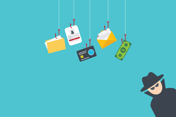 Hacker with laptop computer stealing confidential data, personal information and credit card detail. Hacking concept.	