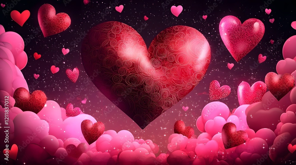 Poster glowing magical heart design floating amidst pastel colored clouds in a tranquil ethereal sky settin
