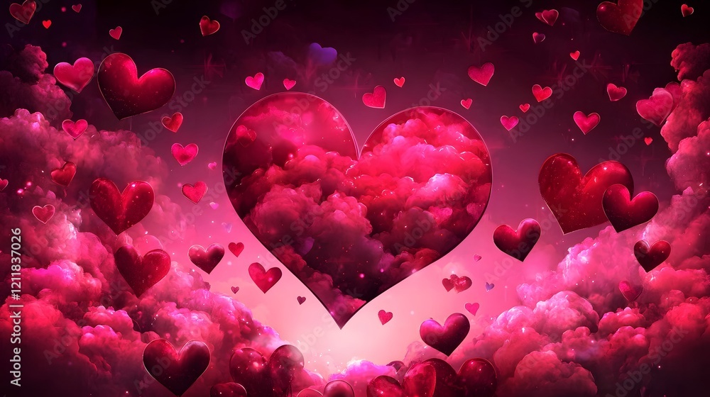 Poster magical heart design floating effortlessly within a tranquil pastel colored sky creating a whimsical