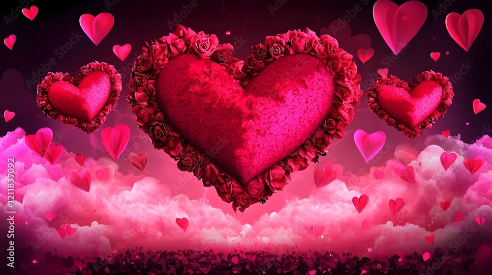 Aufkleber Magical heart design floating within the clouds illuminated by warm pastel colors in a tranquil sky creating a serene and romantic atmosphere for Valentine s Day