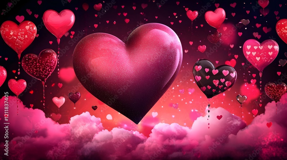 Poster dreamlike and whimsical floating heart in a peaceful cloudscape with warm vibrant colors and soft et