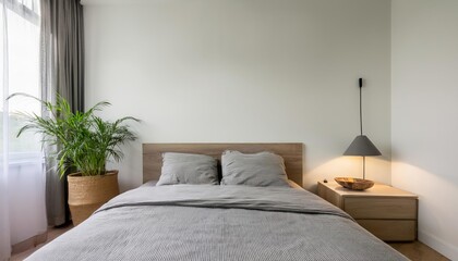 Minimalist bedroom with a single bed, wooden nightstand, modern lamp, and large window with greenery outside