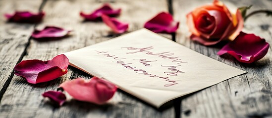 A heartfelt handwritten letter rests among scattered rose petals on a rustic wooden surface. The soft lighting and muted colors create a romantic and nostalgic mood.
