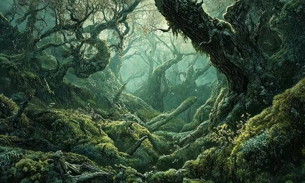 Mysterious forest with intertwined branches and lush green moss creating an enchanting and serene atmosphere shrouded in gentle sunlight filtering through the dense foliage of ancient trees