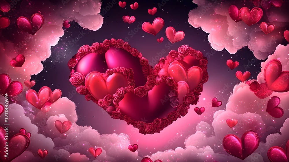 Poster Ethereal heart shaped design with vibrant colors floating gracefully in a soft cloudscape surrounded by warm pastel light that creates a dreamlike romantic atmosphere