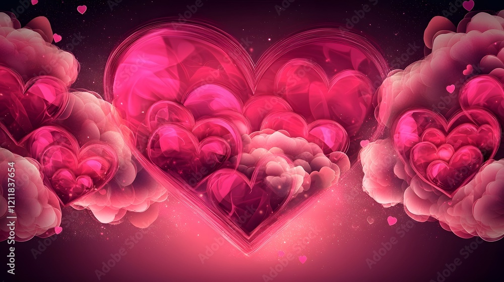 Poster Ethereal heart shaped design with vibrant colors floating gracefully in a soft cloudscape surrounded by warm pastel light  This digital artwork evokes a sense of romance fantasy