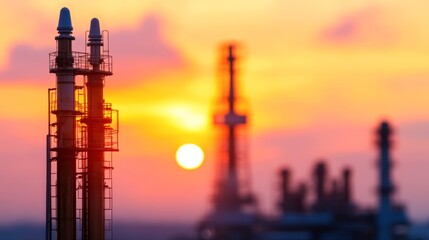 Obraz premium Industrial smokestacks silhouette against a vibrant sunset, reflecting the energy sector's presence and environmental concerns, Ideal for articles on energy, pollution, or industry,