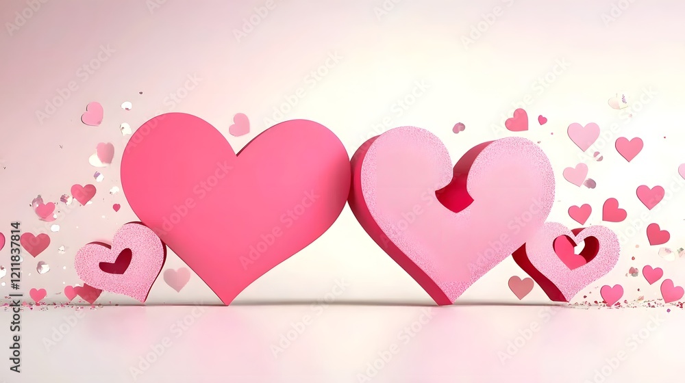 Poster Romantic pink heart shapes glowing softly on a smooth table surface with delicate bokeh lights and shimmering glitter