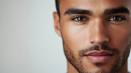Fototapeta premium Close up of a confident mixed race man with striking features, exuding self-assurance. The soft, neutral backdrop enhances his captivating expression. The moment captures strength and poise
