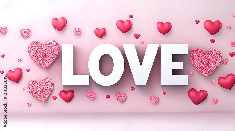 Poster glossy 3d love letters in bold typography floating on a pastel pink gradient backdrop with sparkling