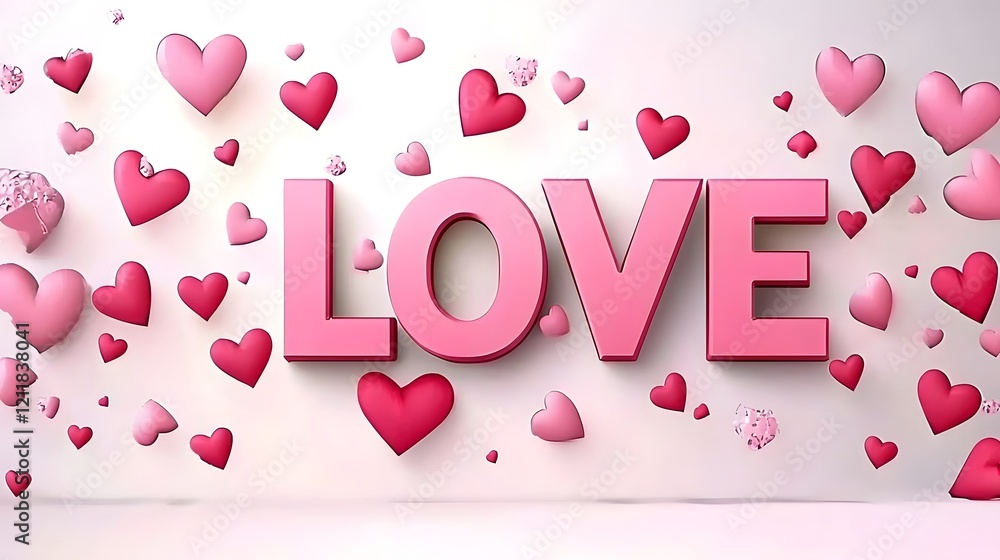 Poster Striking 3D  LOVE  text in bold pink hue surrounded by floating glossy heart shapes in a pastel pink gradient backdrop creating a modern and elegant Valentine s Day design