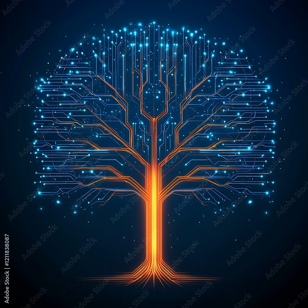 Poster digital tree with circuit board design and lights