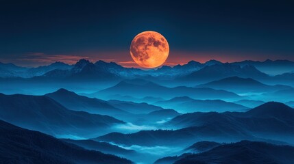 Majestic full moon illuminating serene mountain landscape at dusk, with mist rolling through valleys