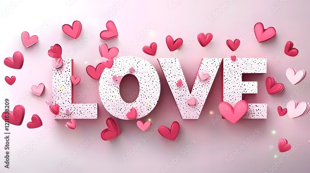 Poster romantic and elegant pink 3d love letters design surrounded by vibrant floating hearts on a soft pas