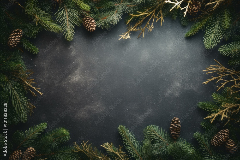 Poster christmas frame made of natural fir tree branches and pine cones creating a border on dark backgroun