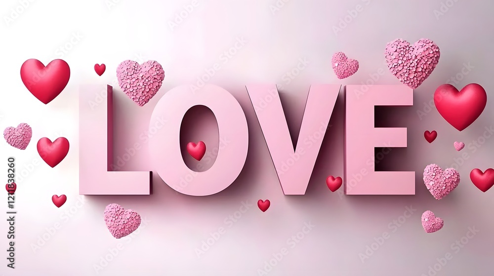 Poster glossy 3d love letters in pastel pink surrounded by floating hearts glowing softly with a smooth pin