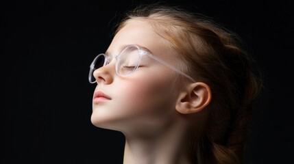 Fototapeta premium A close-up portrait of a young girl with glasses, eyes closed, basking in thoughtful serenity against a dark backdrop, Suitable for themes of contemplation, youth, or education,
