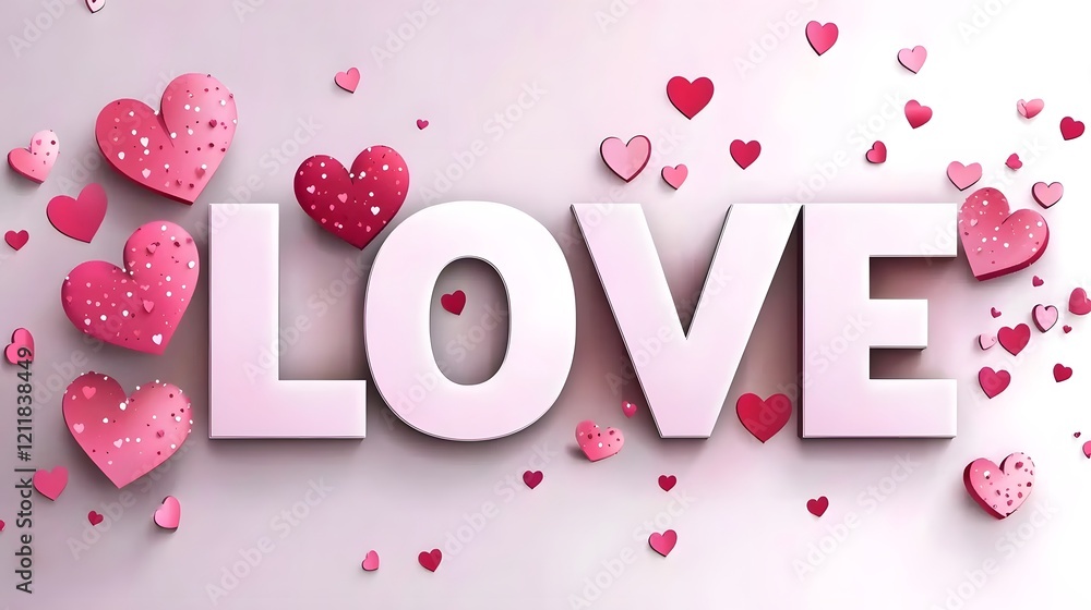 Poster vibrant 3d pink love letters with shiny glowing heart accents floating on a softly textured pink bac
