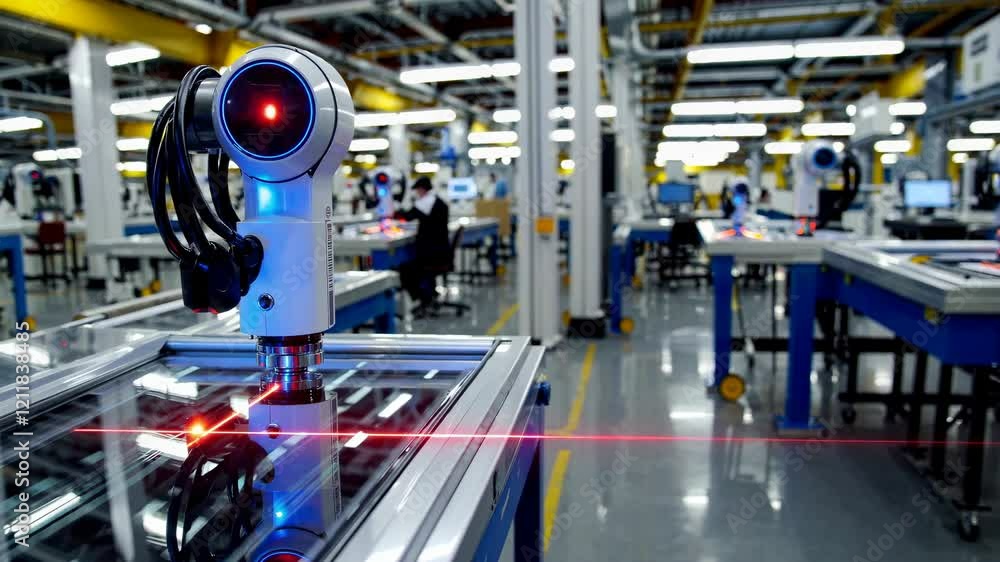 Poster advanced robotic assembly line in a high-tech manufacturing facility in operation during the day