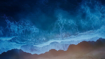 Fototapeta premium Aerial view of ocean waves crashing on sandy beach at sunset; background shows deep blue water. Ideal for travel websites