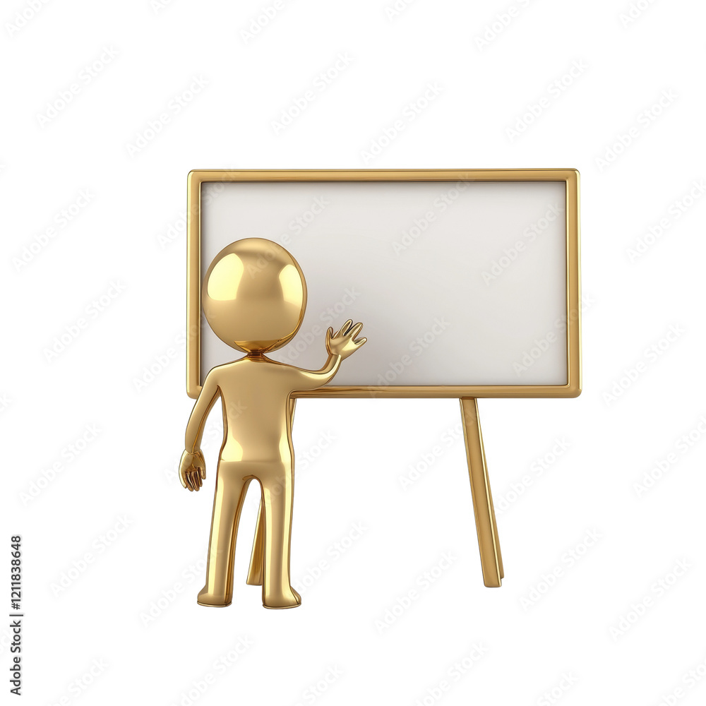 Poster a golden 3d figure stands presenting a blank whiteboard, suggesting a concept of presentation or tea