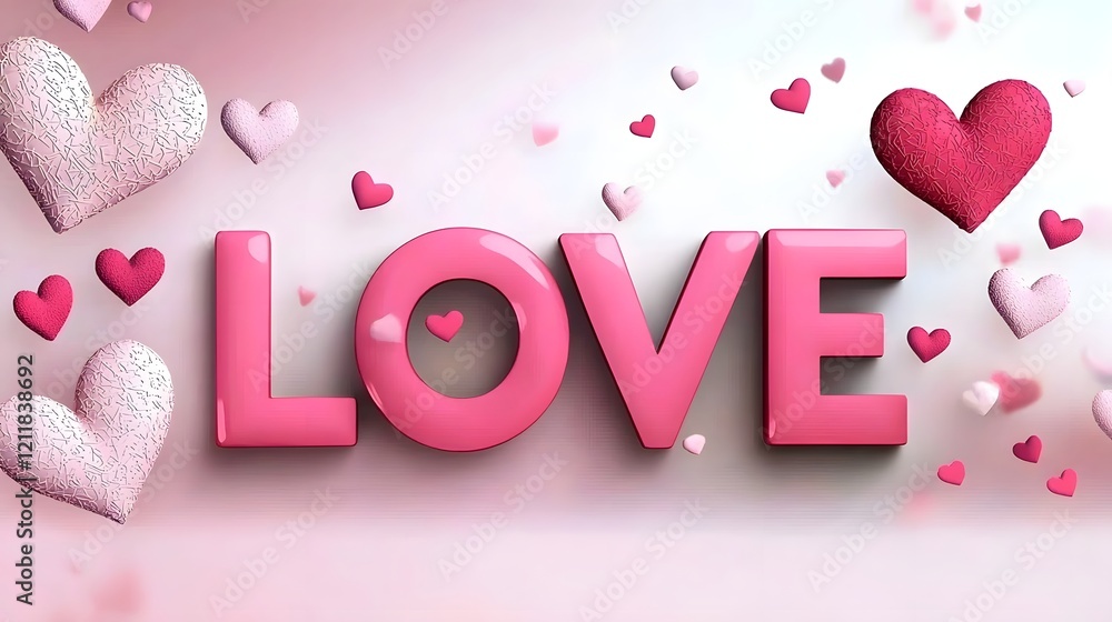 Poster stylish 3d pink love typography with glossy heart shapes on softly blurred romantic pink gradient ba