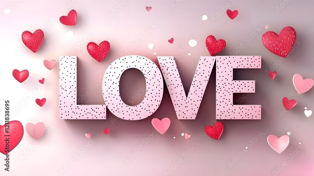 Aufkleber stylish 3d glossy pink love letters surrounded by various sized red pink and white heart shapes on a