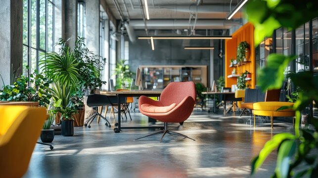 A vibrant modern office with creative meeting rooms, colorful decor, and plants to enhance the atmosphere