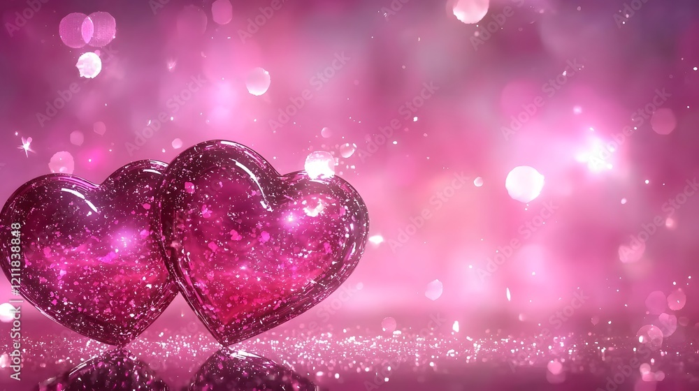 Poster elegant 3d heart shapes in various sizes scattered across a smooth pastel pink background with a shi