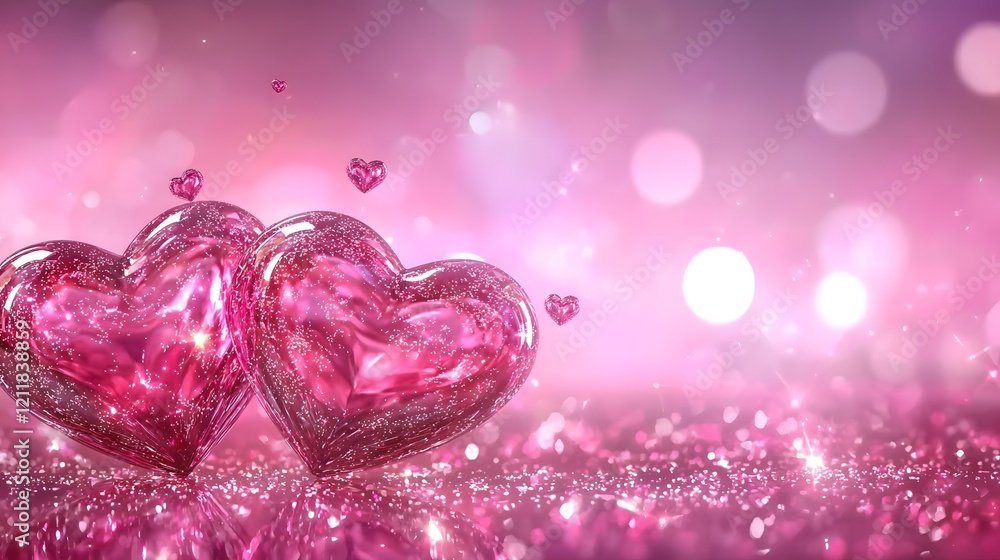 Poster luxurious pastel pink floating 3d heart shaped crystal scattered on a smooth shiny background with a