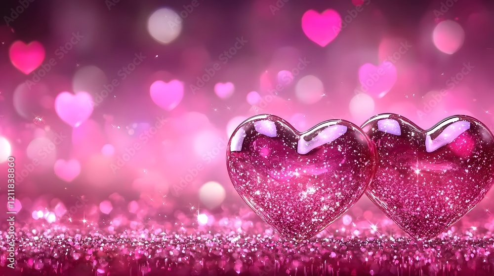 Aufkleber Aesthetically pleasing 3D heart shapes in various sizes scattered across a smooth pastel pink background creating a captivating and romantic composition  The hearts have a shimmering