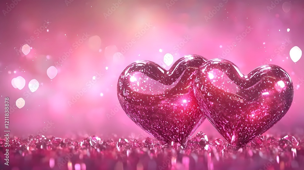 Poster aesthetic 3d heart shapes scattered across a smooth shiny pastel pink background creating a romantic