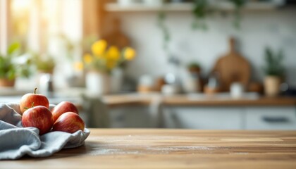 Fototapeta premium Abstract Background Rustic Kitchen Still Life: Fresh Red Apples on Wooden Table