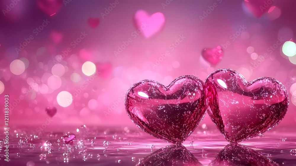 Poster beautifully arranged 3d hearts with a luxurious glossy texture on a delicate pink gradient backgroun