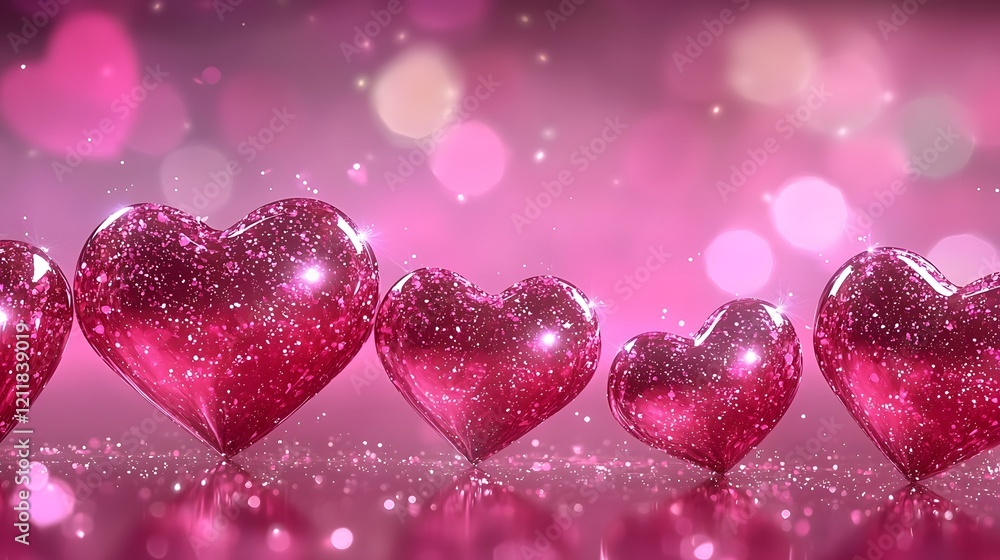 Aufkleber Enchanting 3D Hearts Floating on Soft Pink Background with Shimmering Glitter and Reflective Surface for Elegant and Romantic Valentine s Day Wallpaper or Design